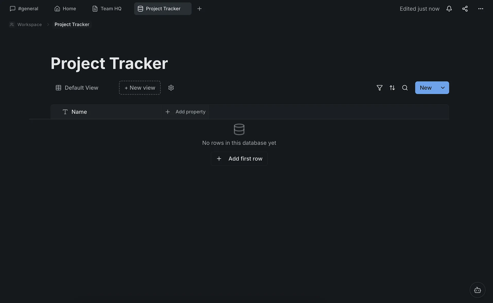 Screenshot: Empty database table