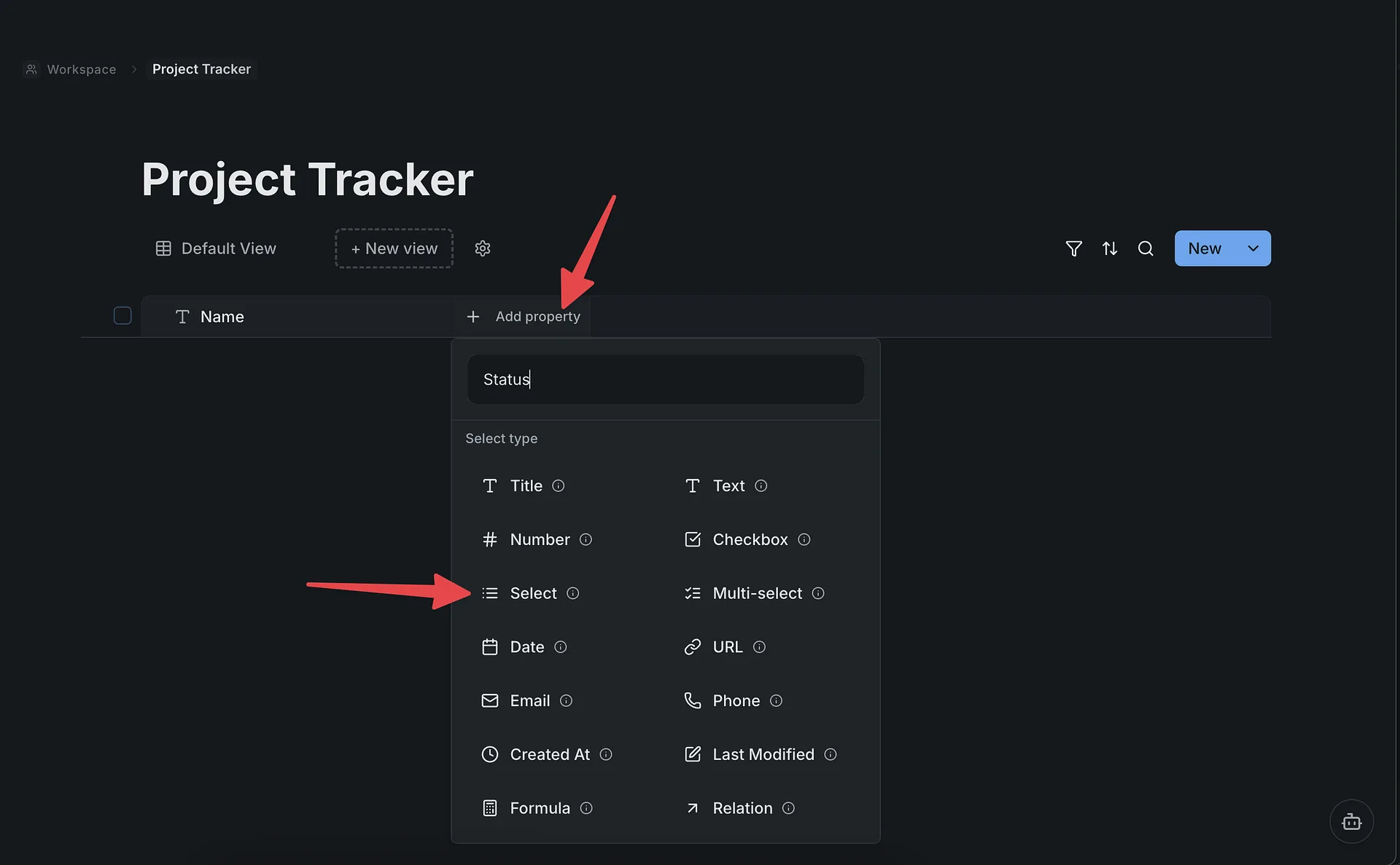 Screenshot: Adding a Status property