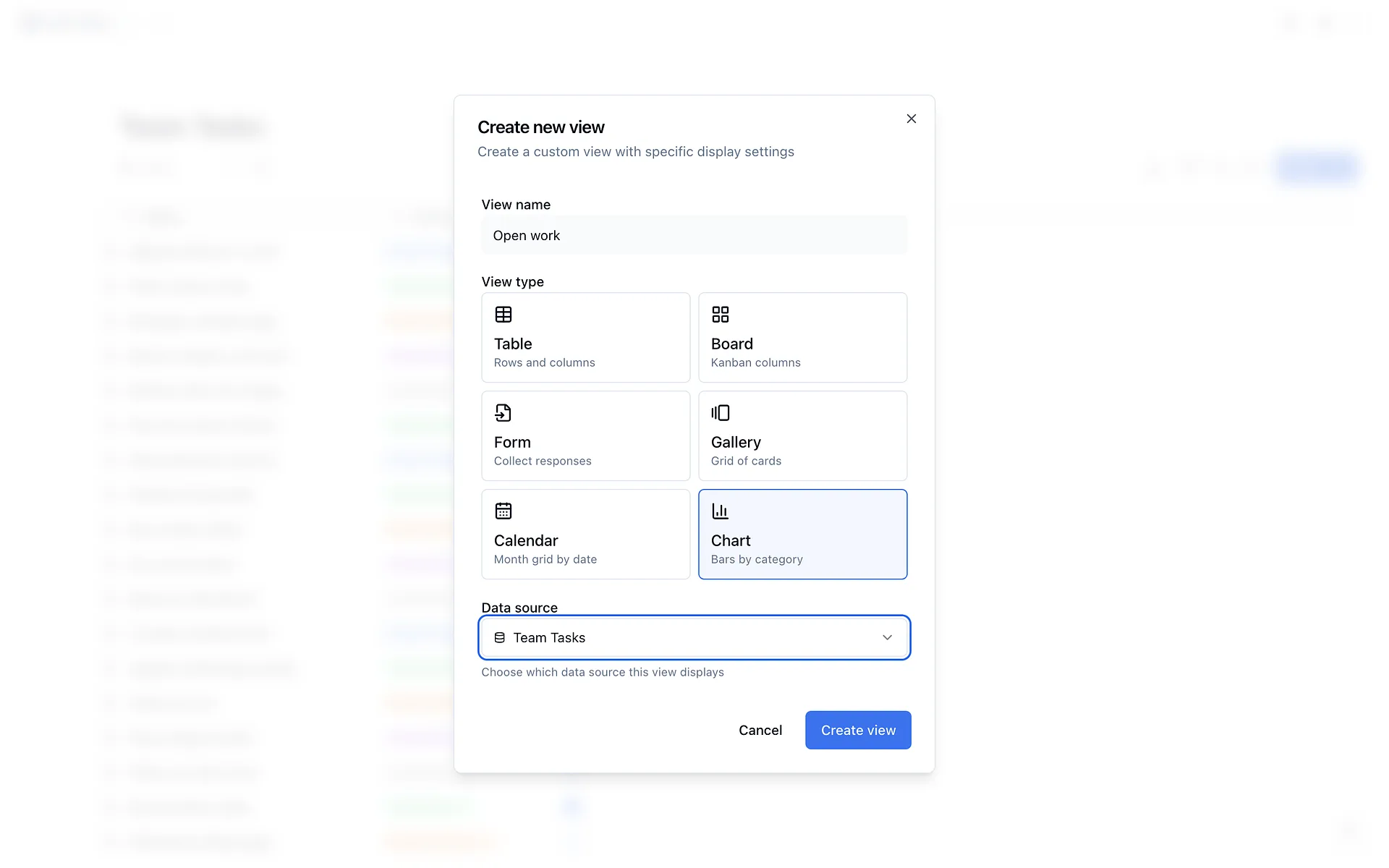 Screenshot: the Create new view dialog with Chart selected and Team Tasks as the data source