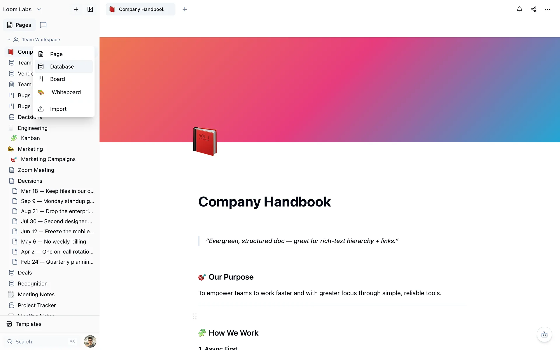 Screenshot: the Team Workspace + menu open in the sidebar with Database highlighted