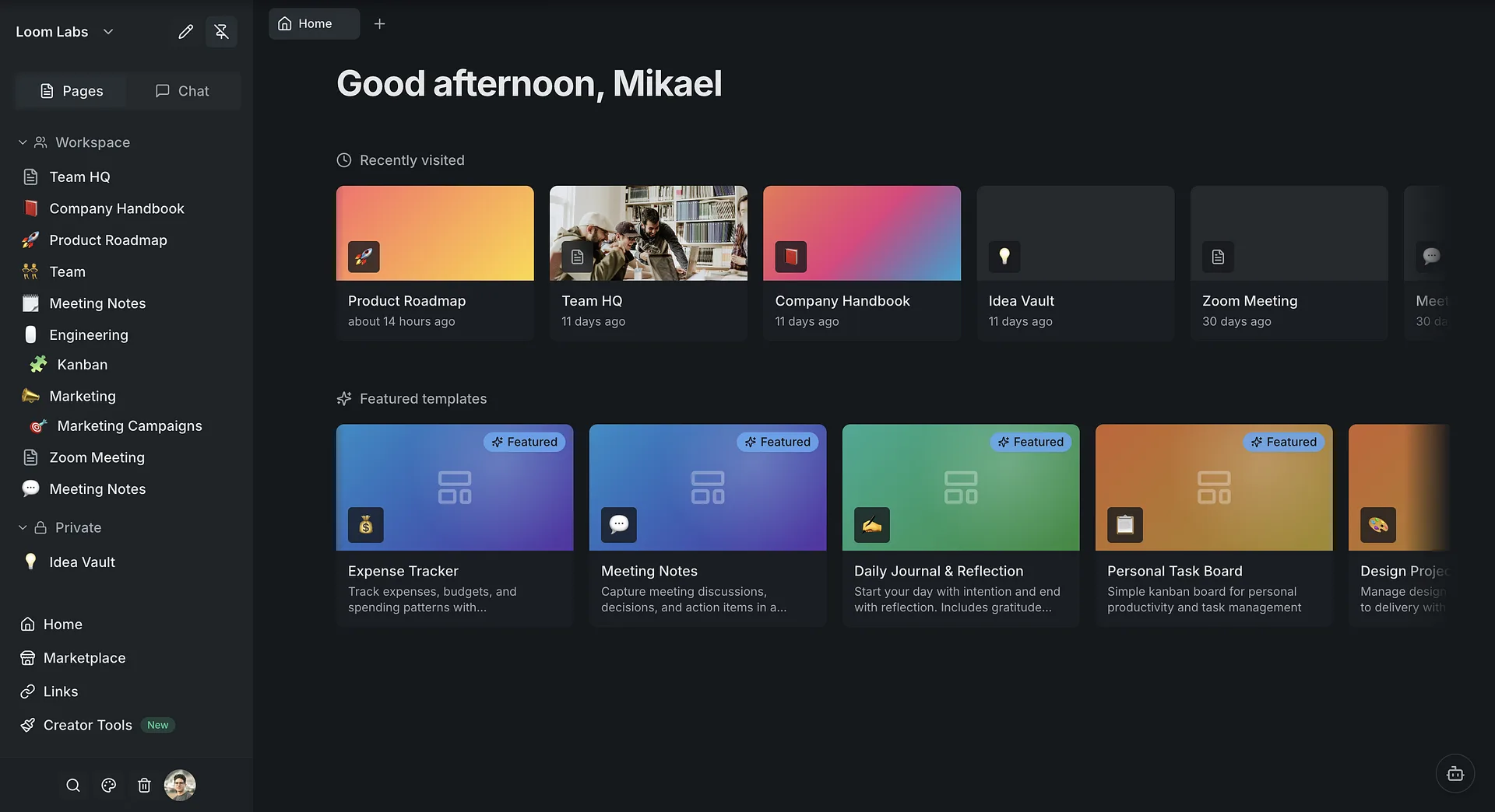 Screenshot: Home dashboard