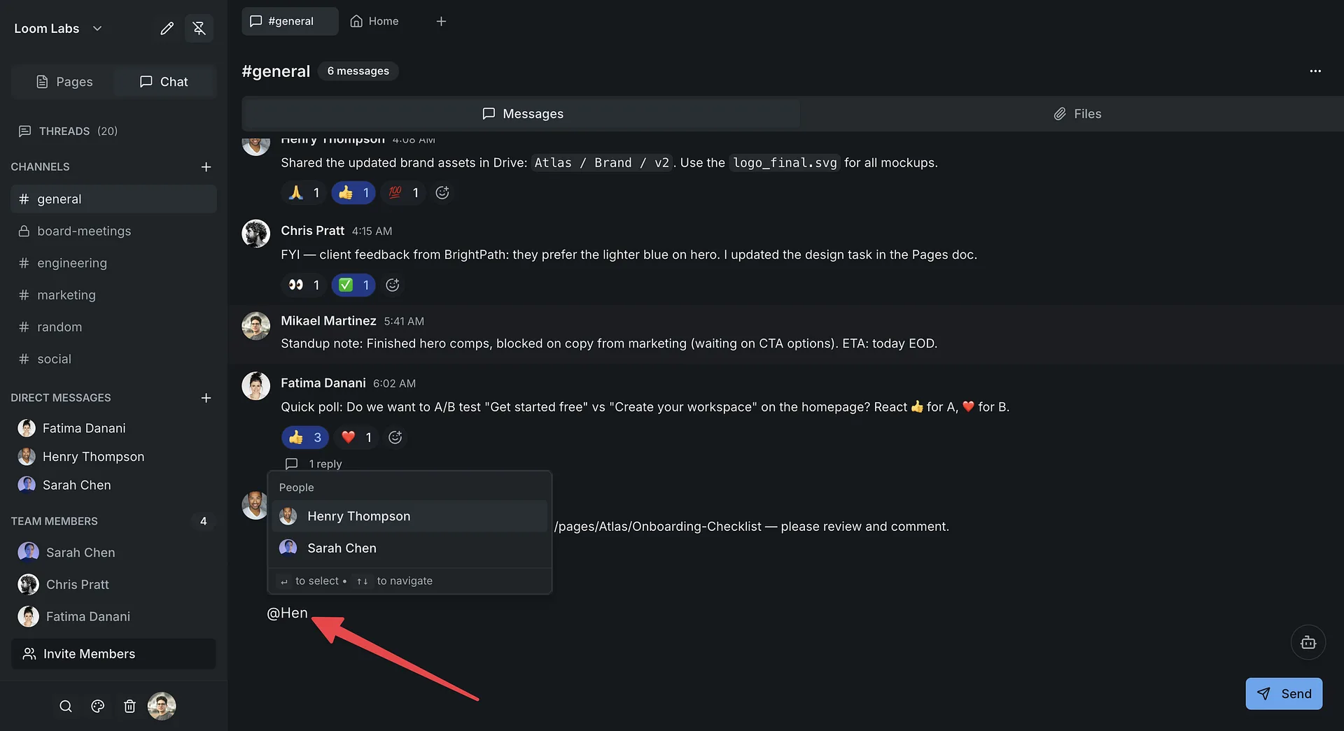 Screenshot: Sending a message with @mention