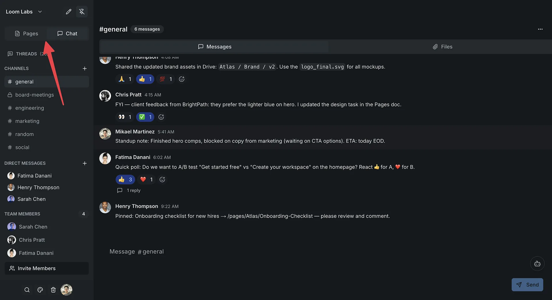 Screenshot: Quick switching between chat and docs