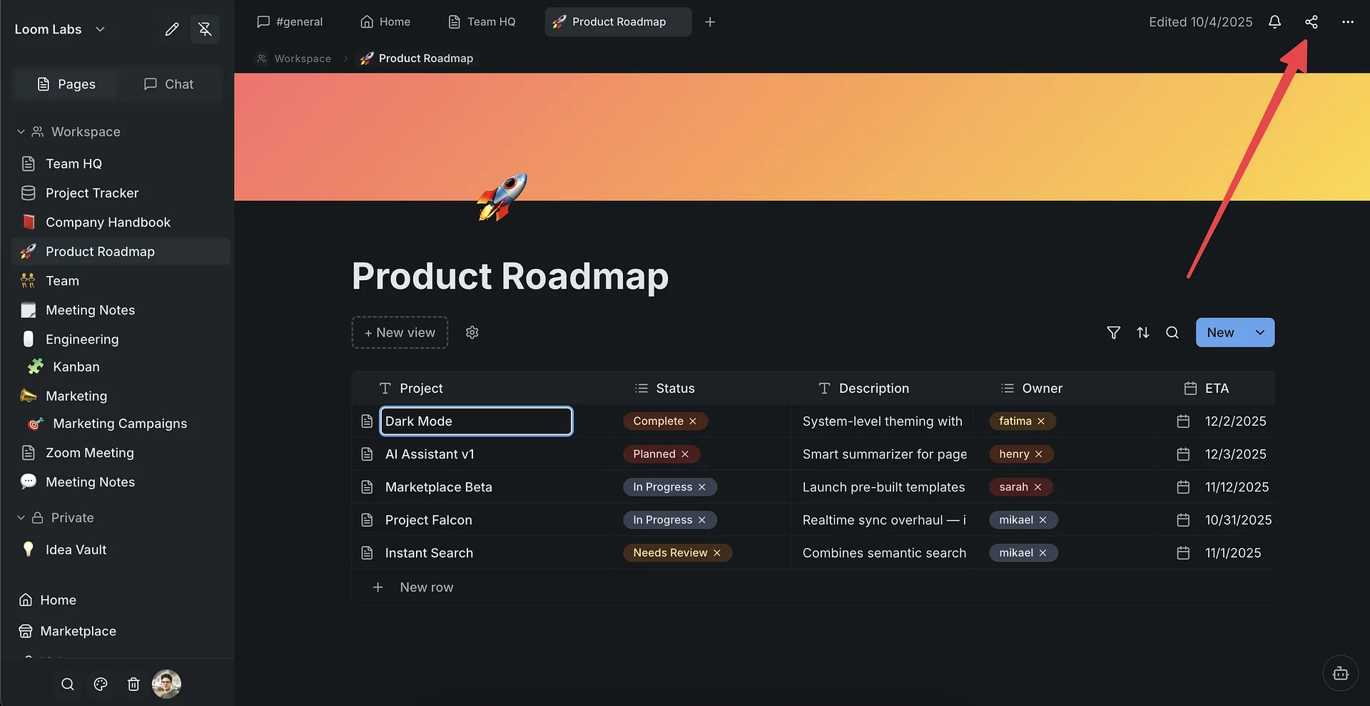 Screenshot: Share button in the page header
